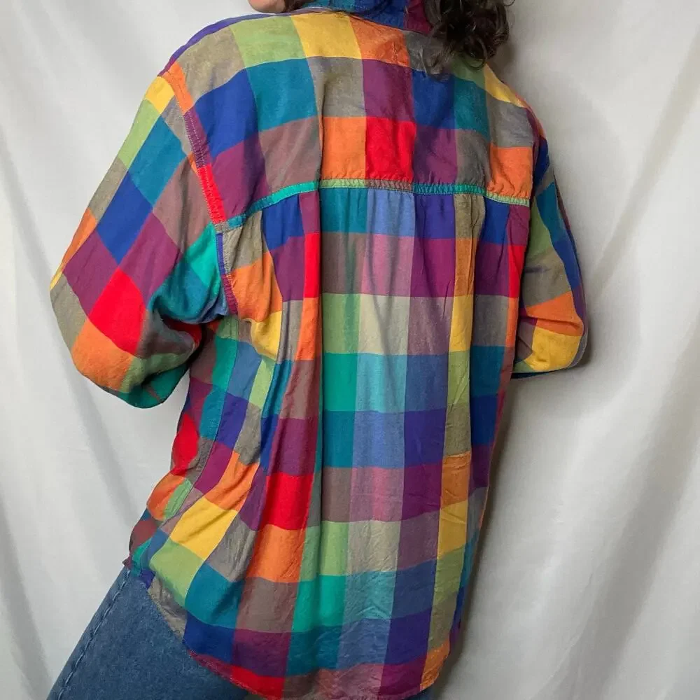 SOLD Vintage lizwear rainbow plaid checkered shirt long sleeve button-down M - Picture 12 of 17